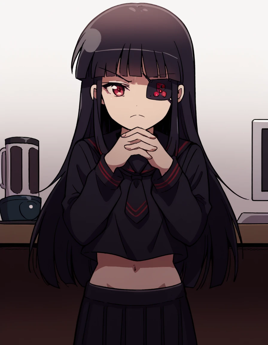 score_9, score_8_up, score_7_up, source_anime, <lora:sk-mirai-s1-ponyxl-lora-nochekaiser:1>, mirai, long hair, black hair, red eyes, eyepatch, bangs, blunt bangs,, skirt, shirt, long sleeves, navel, school uniform, pantyhose, pleated skirt, necktie, serafuku, midriff, black skirt, sailor collar, black shirt, black sailor collar, black serafuku,, home office, working from home, computer screen, coffee cup, focus, deadline, , <lora:gendou-pose-ponyxl-lora-nochekaiser:1>, gendou pose, own hands clasped, own hands together, parody,, looking at viewer, solo,, dutch angle, cowboy shot