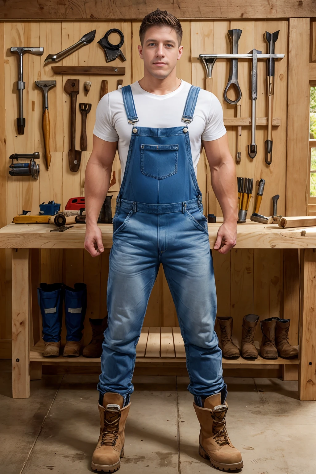 carpentry workshop, woodworking, tools, DaltonRiley, white shirt, (blue denim overalls), (tan work boots), (((full body portrait))), wide angle,  <lora:DaltonRiley:0.8>