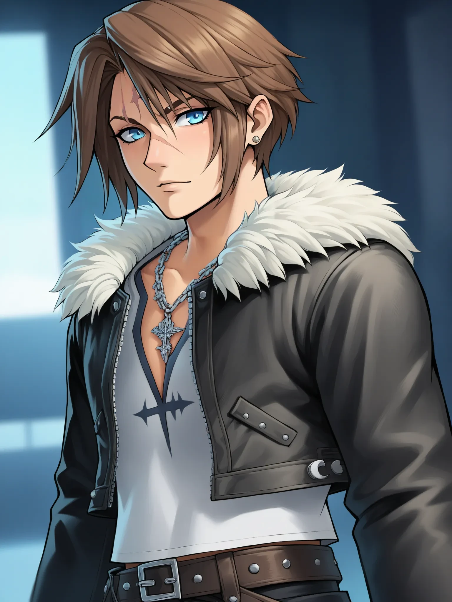 uncensored, score 9 up, score 8 up,
 <lora:[Square Enix] Squall Leonheart Character PonyXL:1>,blue eyes, squall leonhart, brown hair, jewelry, scar on face, short hair, fur-trimmed jacket, scar on forehead, cropped jacket, chain necklace, open jacket femboy, standing, looking at viewer,