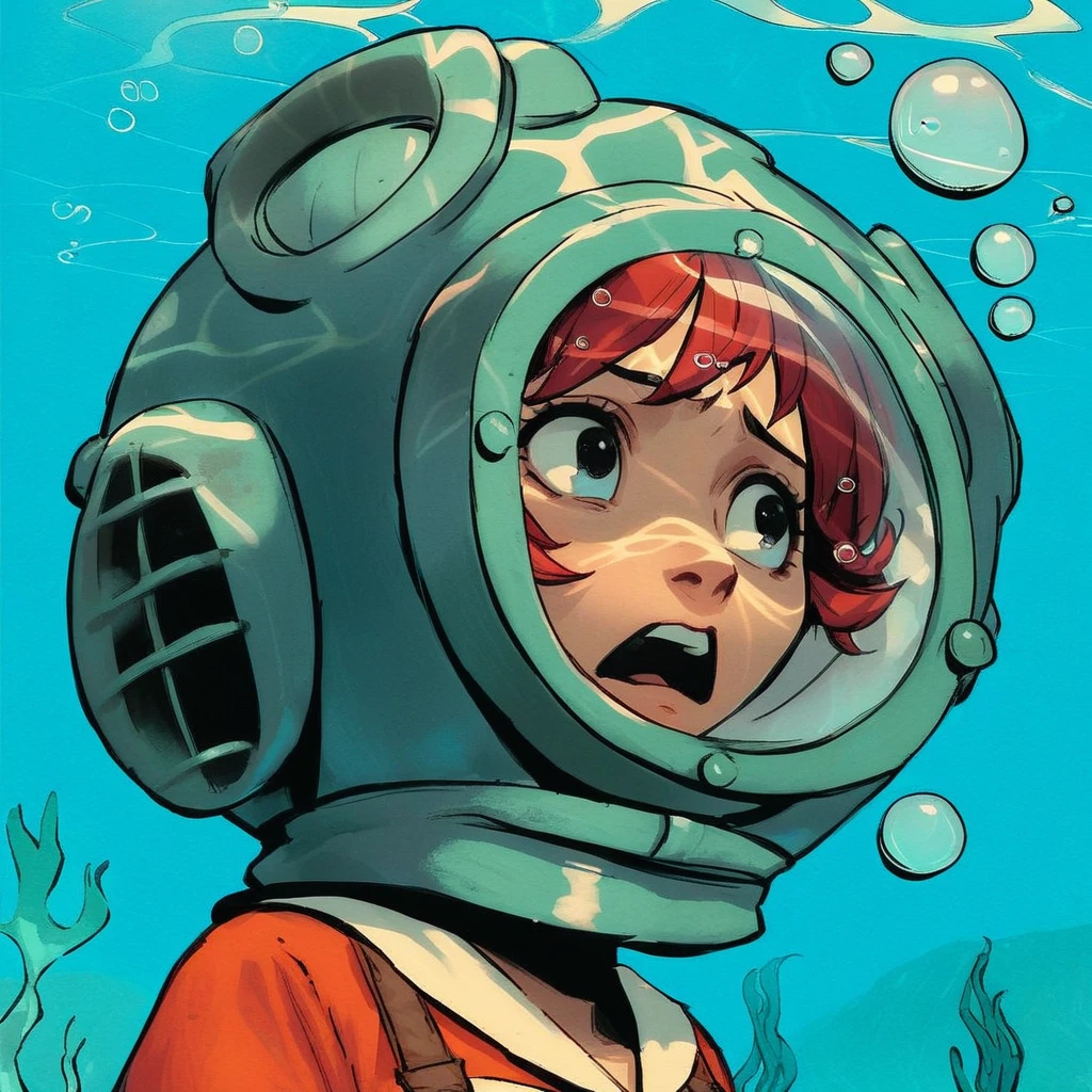 retro_divehelmet, diving helmet,  score_9, score_8_up, score_7_up, score_6_up, source_cartoon, 1girl, solo, red hair, upper teeth only, grimace, panic, cowboy shot, looking to the side, nervous, underwater, blue background, air bubble