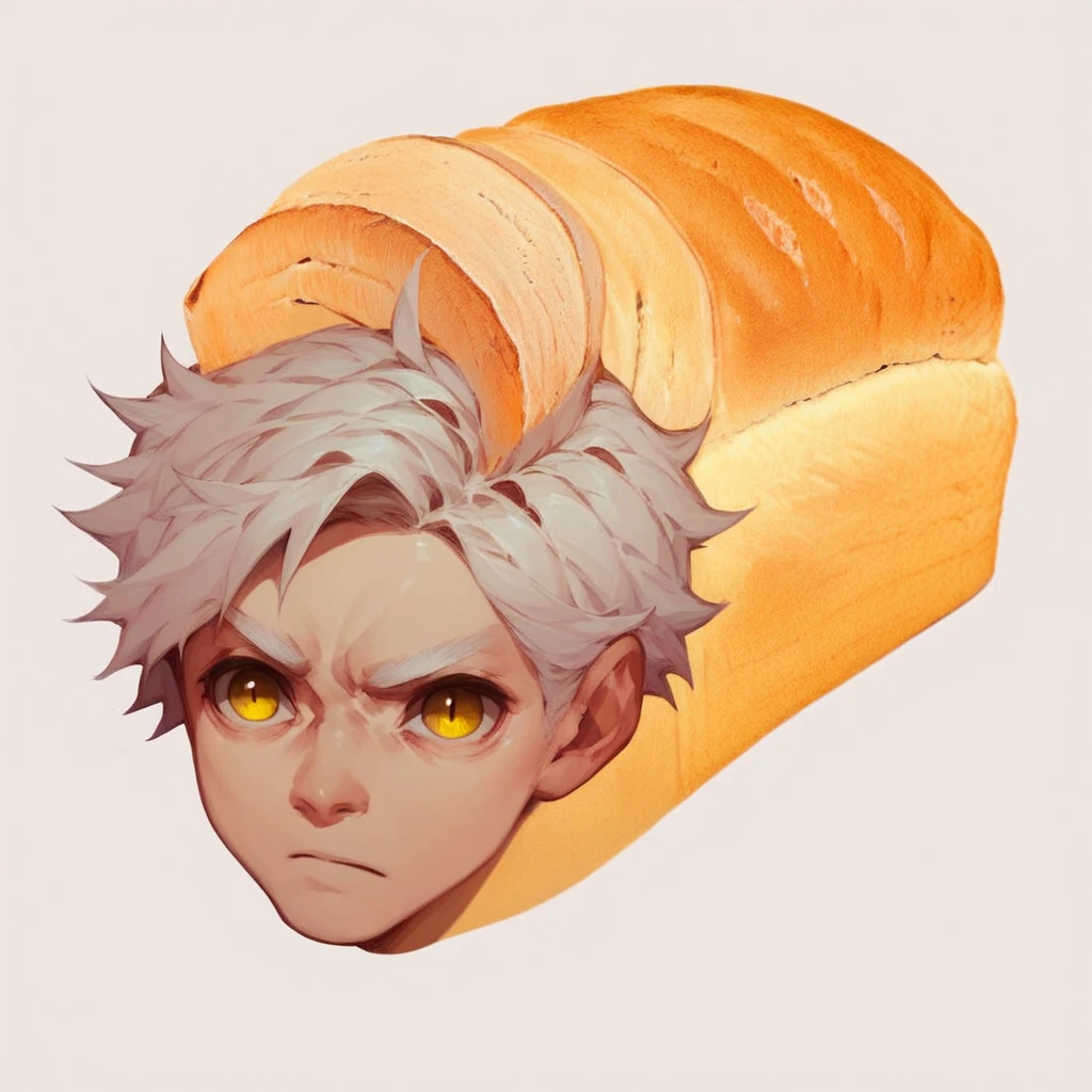 score_9_up, score_8_up, score_7_up, mikus-concept, face on bread, face added in foreground, white background, white hair, yellow eyes, 1boy, solo