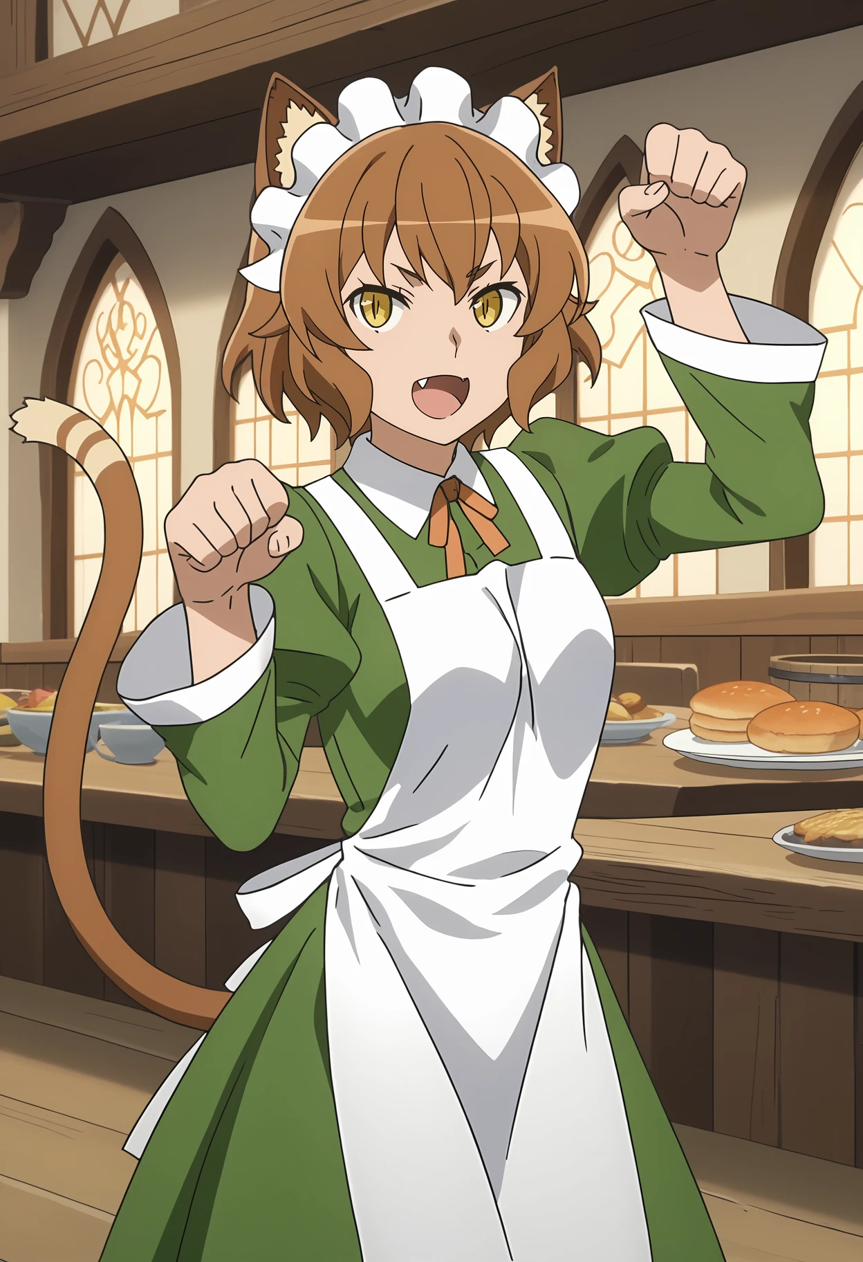 score_7_up, anime screencap,
<lora:DanMachi_AnyaFlomerXL:0.9>,
1girl, open mouth, smile, fang,
short hair, brown hair, yellow eyes, slit pupils, animal ears, cat tail, striped tail, brown tail,
AnyaFlomer, green dress, white headdress, neck ribbon, orange ribbon, juliet sleeves, long sleeves, white apron, black pantyhose,
paw pose, standing, looking at viewer,
indoors, medieval, restaurant