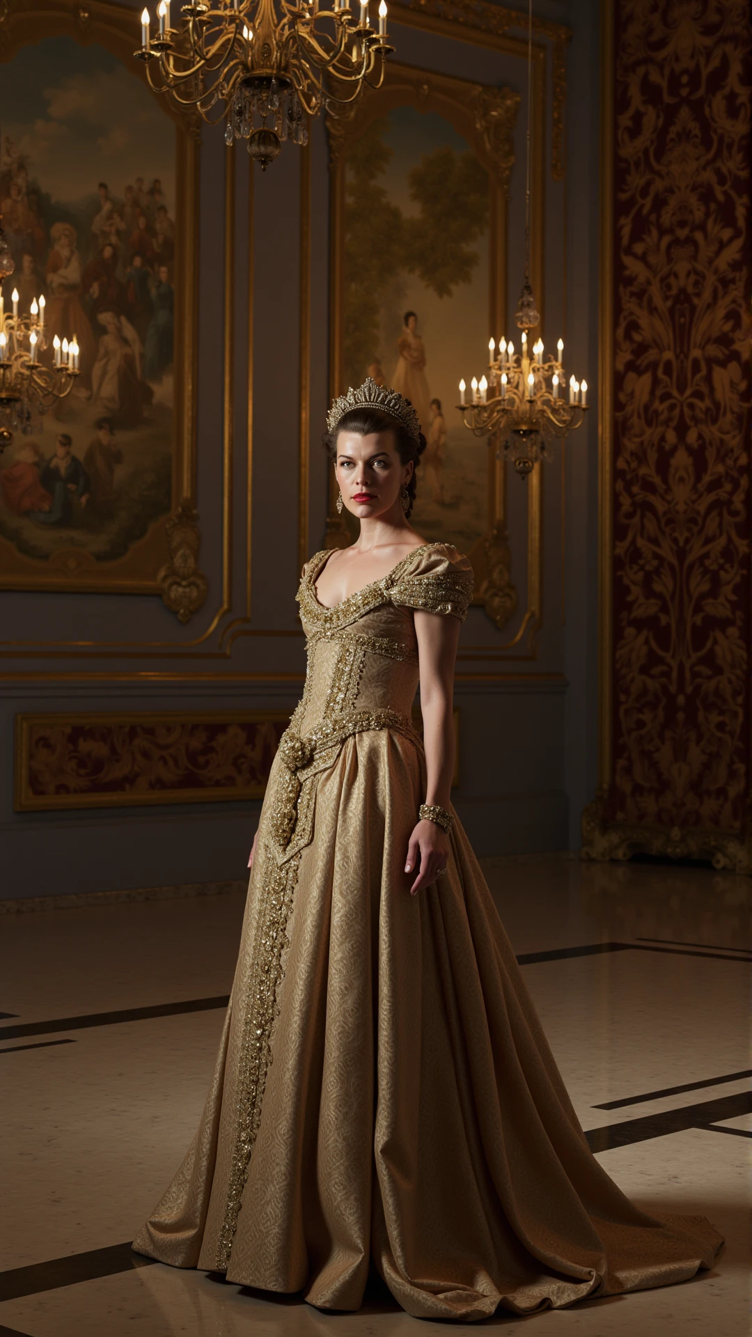 A high-quality digital painting of a majestic (Countess) named Milla Jovovich, wearing an extravagant gown with intricate lace details and delicate embroidery. 
Alina stands in a grand ballroom illuminated by shimmering chandeliers, casting elegant shadows across the polished marble floor. 
Her expression is regal and composed, hinting at a hidden wisdom and grace. Surrounding her are opulent tapestries depicting scenes of historical significance, adding to the atmosphere of nobility and tradition. 
The painting exudes a sense of timeless beauty and sophistication, capturing the essence of a distinguished (Countess) in her element. The style is rich in detail, with a harmonious blend of light and shadow, 
creating a captivating and immersive visual experience. 
This artwork is perfect for those who appreciate aristocratic elegance and historical charm, as it offers a glimpse into the world of a noble (Countess) named Milla Jovovich