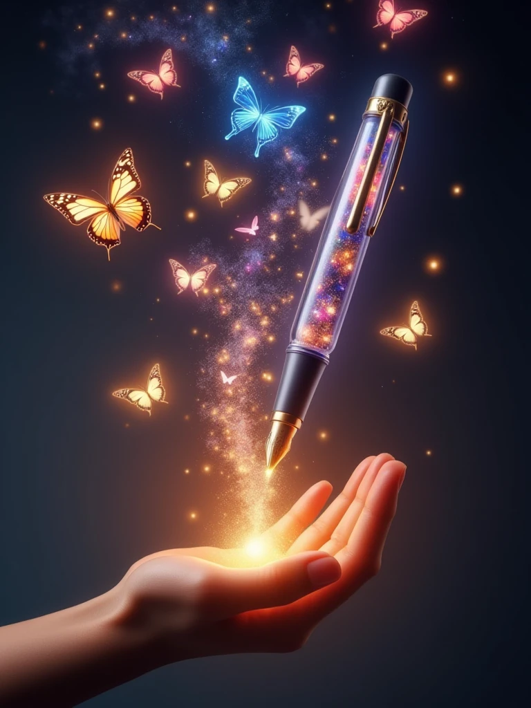 pen dreaming generating glowing butterflies,