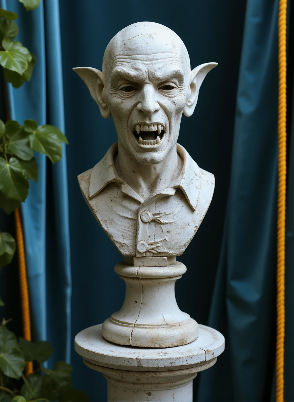 sculptur3 sculpture of Nosferatu, a distressed marble with detailed texture head bust on a pedestal, his fanged teeth individually visible, the scene is an intimate garden scene showcase with velvet blue curtains and yellow cords