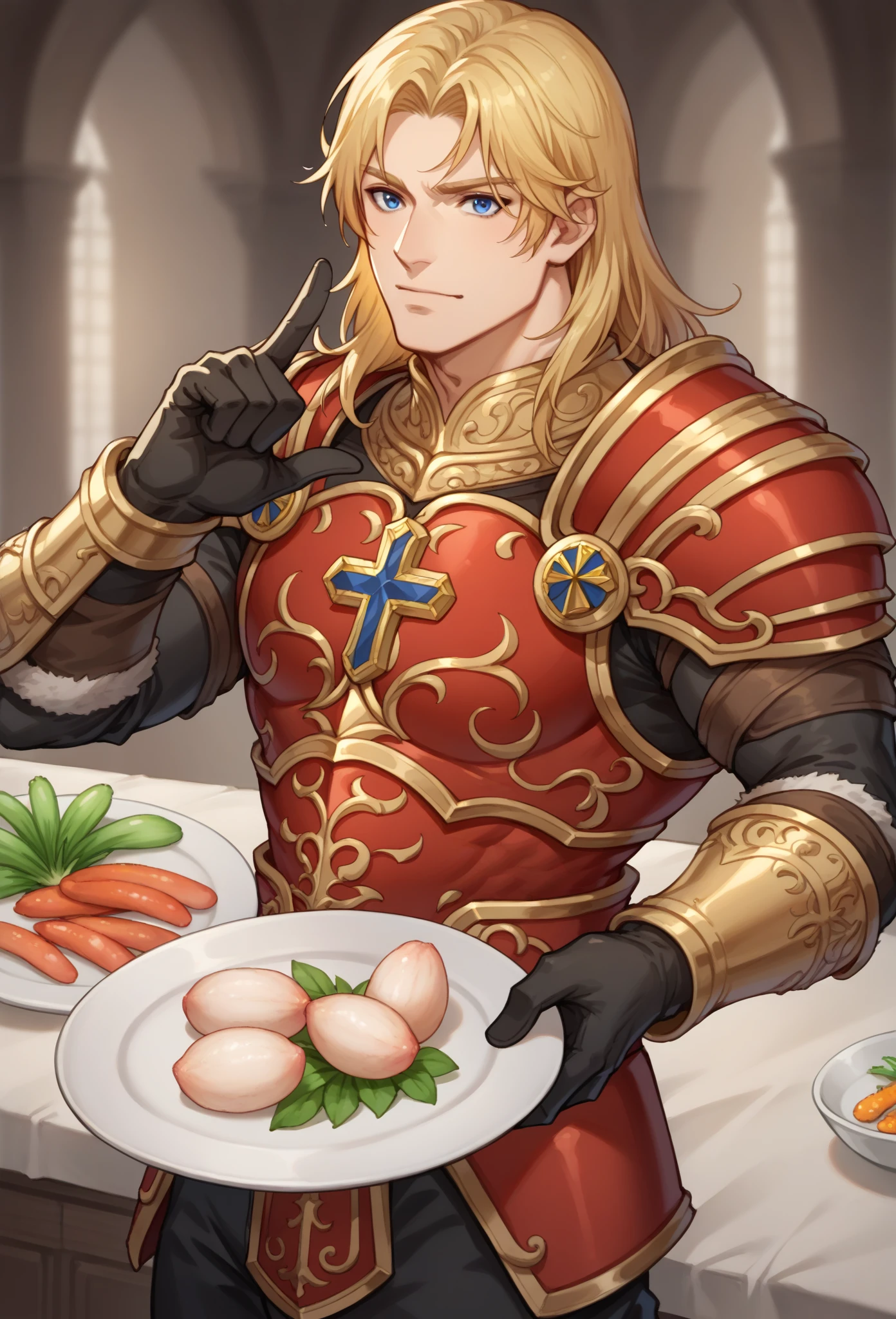 Simon Belmont holding a plate with garlic, simonbel, simon belmont, score_9, score_8_up, score_7_up, score_6_up, (((black spandex under armor))), simonbel, simon belmont, 1boy, male, muscular, simon belmont, simonbel, (holy cross design:1.3), (((stylized red breastplate with gold accents))), (long black sleeves:1.3), (black pants:1.3), metal wristband, (((((two red pauldrons with gold accents))))), (((full black gloves))), (((blonde bowlcut with bangs))), ((((red armor with two pauldrons)))), (((anatomical hands))), ((((hand gesture)))), (view from side:2), ((plate)), ((((garlic)))), blue eyes