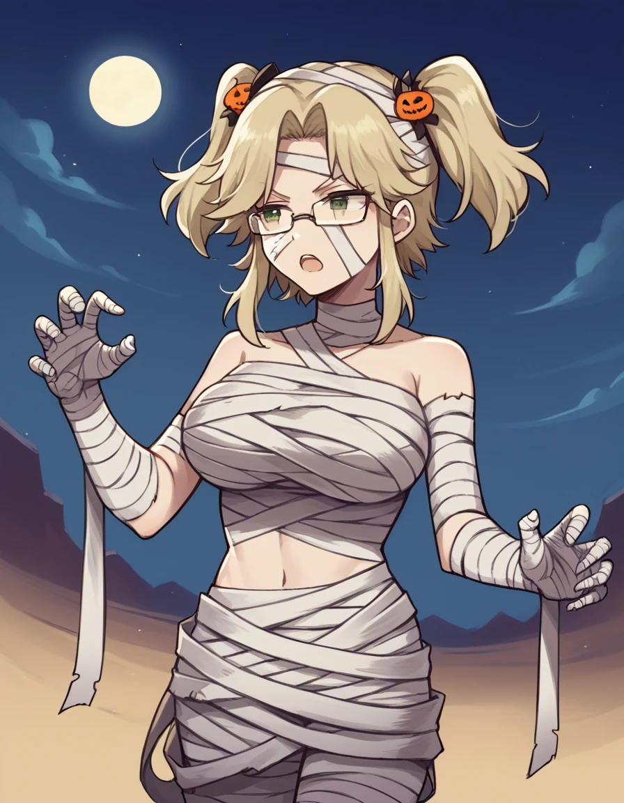 score_9, score_8_up, score_7_up, source_anime, <lora:sk-imu-s1-ponyxl-lora-nochekaiser:1>, imu, green eyes, glasses, hair ornament, twintails, parted bangs, blonde hair, large breasts,, <lora:mummy-costume-ponyxl-lora-nochekaiser:1>, mummy costume, bandages, halloween costume, bandaged arm, zombie pose, bandage on face,, desert, moon, night, open mouth, , dutch angle, cowboy shot