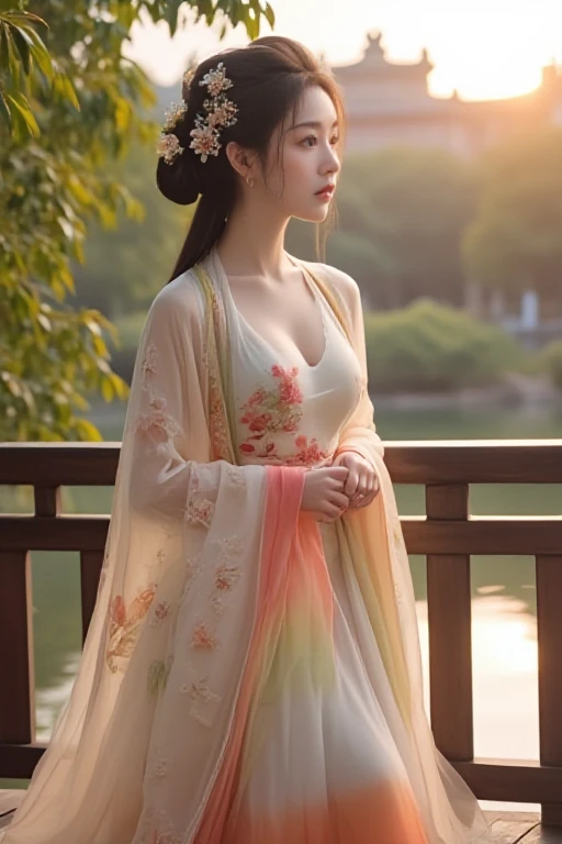 medium shot, solo, 1girl, a young woman, a chinese female, straight neckline dudou, floral embroidery pattern wide sleeves, see through chiffon hanfu, see through chinese clothes, skinny and petite physique, moist eyes, hourglass figure, fair skin, hair ornament, hair flower, braided updo, long hair, forehead mark, facial mark, chinese palace, realistic, portrait, garden, willow, railings, waterside, rainbow gradient dress, gesture, sunset, <lora:TangfengNetidolFace_flux:1>