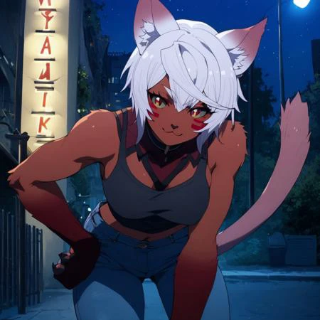 score_9, score_8_up, score_7_up, masterpiece, best quality, good quality, Expressiveh, night time, night sky, modern city, street lights, neon signs, 1 girl, solo, uliminas, red eyes, slit pupils, facial mark, white hair, short hair, cat ears, cat girl, cat tail, medium breasts, animal hands, colored skin, red skin, furry female, claws, gray tank top, jeans, hand on the hip, leaning forward, leaning towards viewer, smug look, looking at viewer