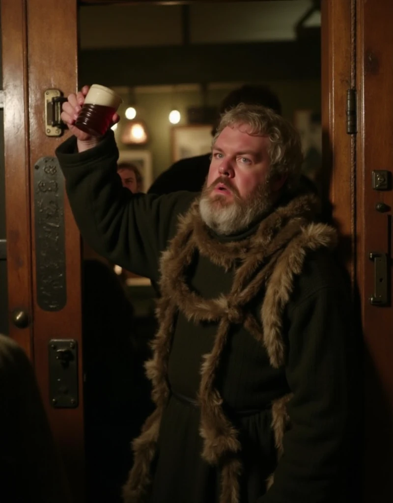 Hodor, a man dressed with fur is holding a beer and leans on a door in a pub<lora:Hodor:0.9>