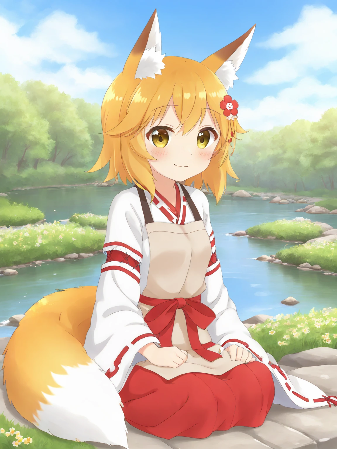 :d,animal ear fluff,animal ears,bangs,blush,brown_apron,fang,flower,fox ears,fox girl,fox tail,hair flower,senko-san,smile,red_bow,ribbon-trimmed sleeves,sitting,solo,wide sleeves,nature,blue sky,river,red hakama skirt,park,<lora:Miyukari san-SDXL-lora-2024.10.28-version3:0.55>,