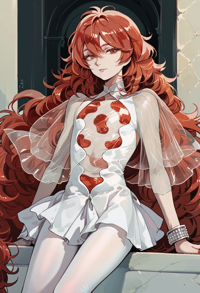 score_9, score_8_up, score_7_up,  outdoor, padparadschaxl11,androgynous, red eyes, red hair, very long hair,wavy hair, crystal hair,white dress, see-through sleeves, bracelets,white tights, white heels,