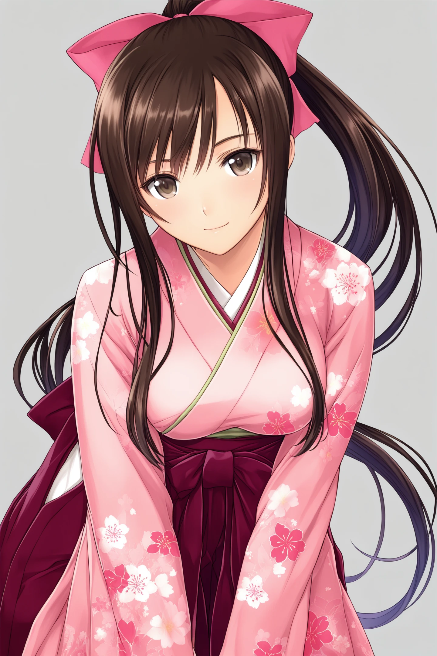 Sakuya,1girl,japanese clothes,solo,long hair,ponytail,brown hair,kimono,skirt,simple background,smile,hakama,bow,hakama skirt,looking at viewer,hair bow,wide sleeves,ribbon,white background,bangs,pink kimono,floral print,long sleeves,very long hair,medium breasts,
<lora:tony_illustriousXL:0.8>,