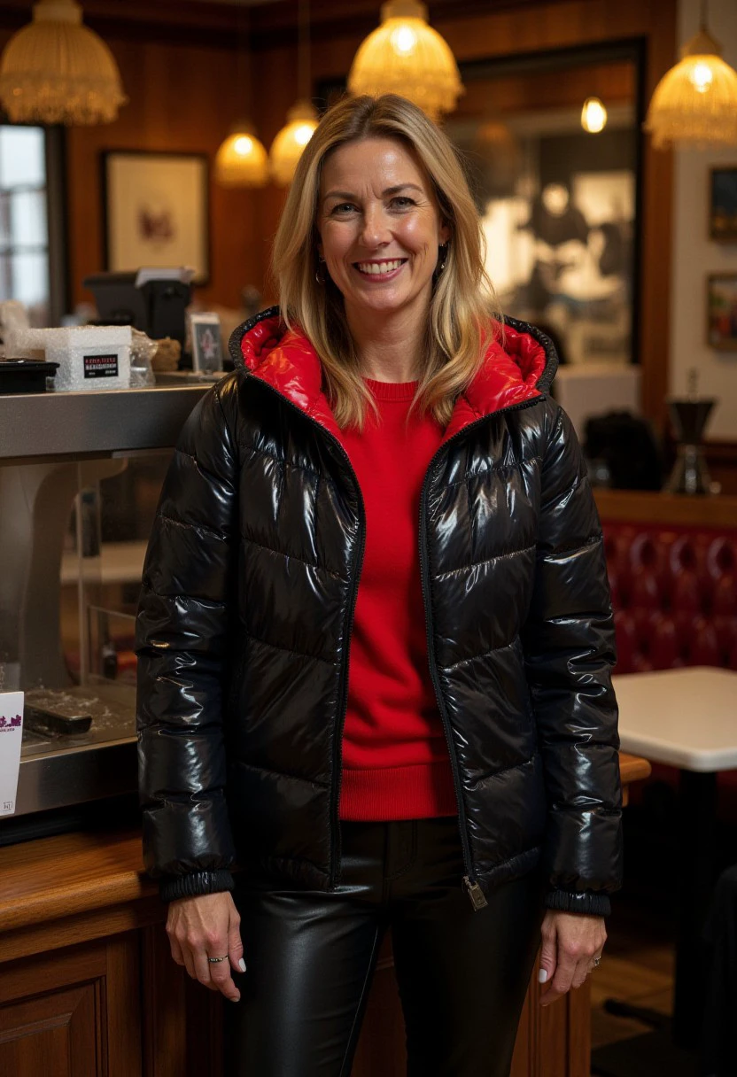 a 40 year old woman stands in a high end restaurant next to the register, she smiles to the camera, she wears black leather pants, she wears a red shirt, she wears a black and red hooded winter Colmar jacket, the jacket has distinctive vertical ridges of texturing in its quilting, high end designer fashion