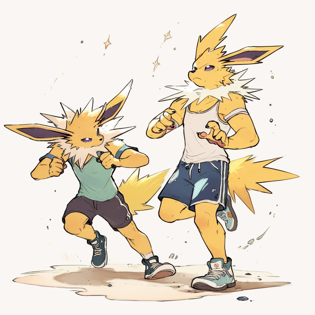 dahecksajerry, male, furry, pokemon, Jolteon, casual clothes, dynamic pose, watercolor, score_9_up, score_8_up, score_7_up, score_6_up, score_5_up, score_4_up