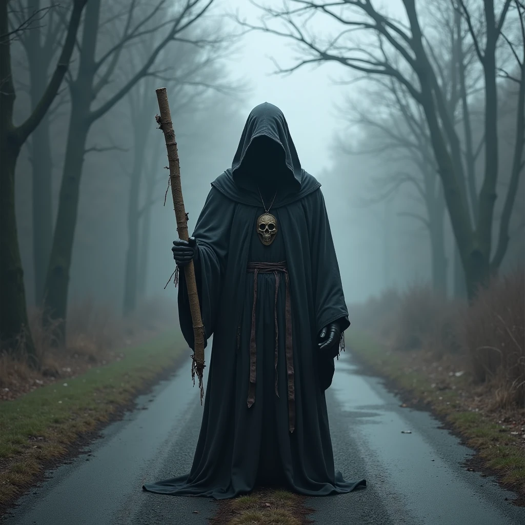 "Imagine a photorealistic image of a lone member of the Elucidated Brethren, dressed in a ragged black robe, standing nervously at a crossroads in the foggy outskirts of the city. They hold a rusty, slightly bent staff as they attempt to perform a makeshift ritual. The road is empty, the surrounding trees dark and looming, as the mist drifts around them, amplifying the eerie yet comedic tension of their attempt at dark magic."