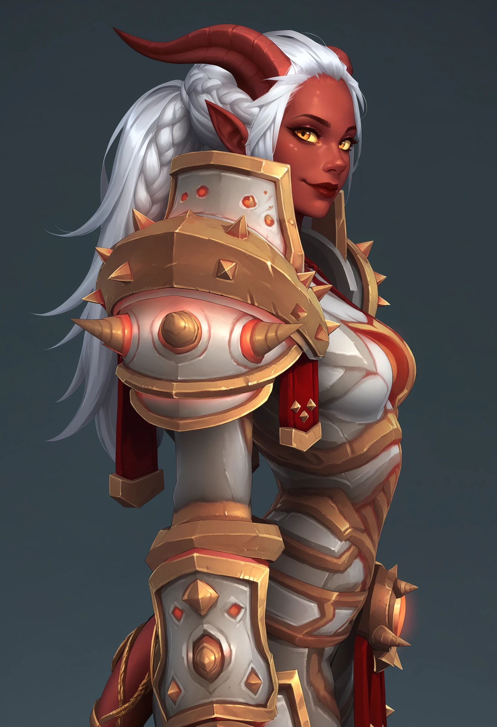 score_9, score_8_up, score_7_up, score_6_up, score_5_up, score_4_up, 1girl, <lora:DraeneiWarriorOC:0.85>  colored skin, red skin, yellow sclera, colored sclera, pointy ears, white hair, horns, armor, shoulder armor, pauldrons, gauntlets, upper body, standing, looking at viewer, smile, 
light blue background, simple background,