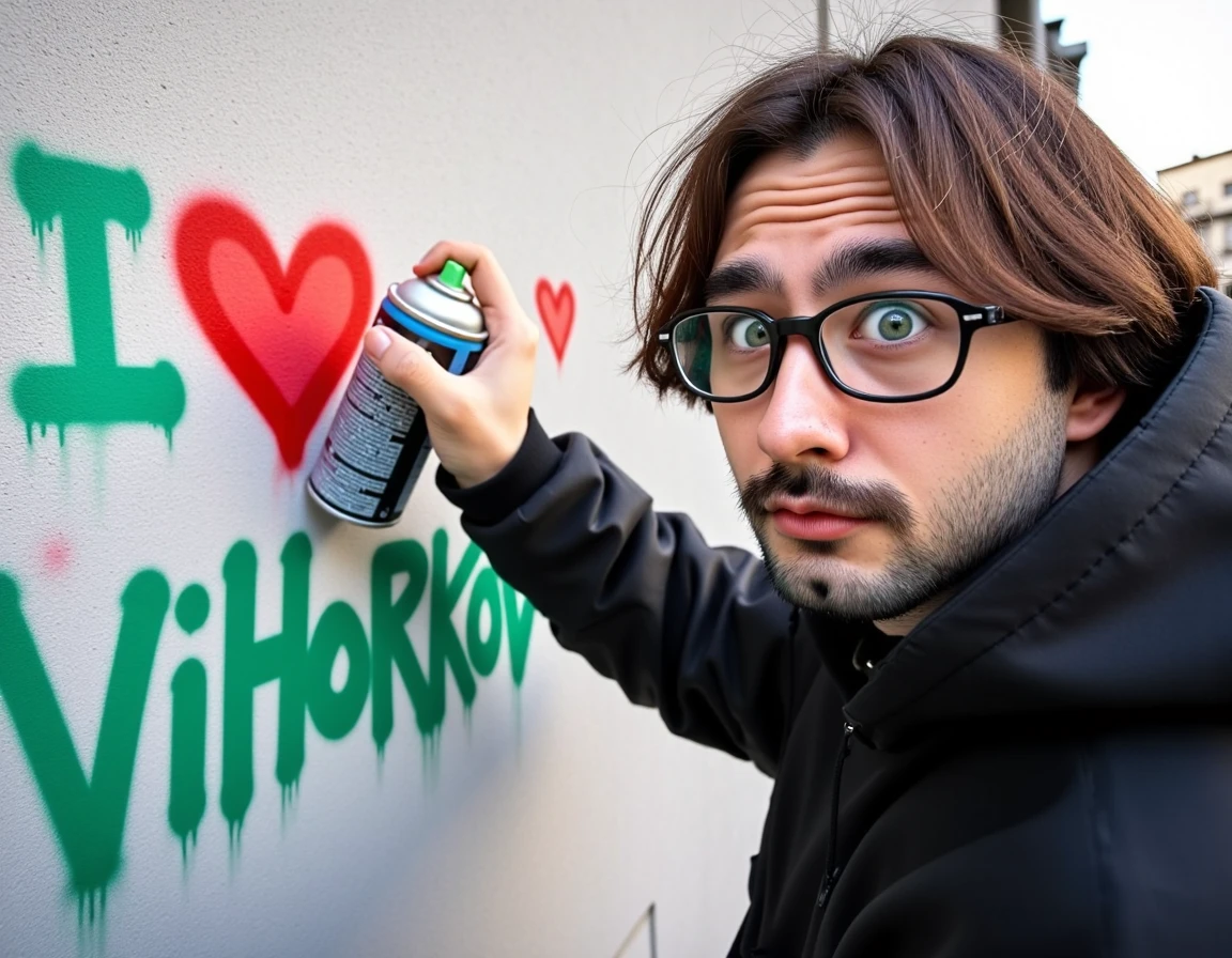 amateurish photo of surprised namv5eyasn0 wearing glasses and caught during the process of draws a graffiti with the words "I love Vihorkov", looking at the camera, holding spray paint