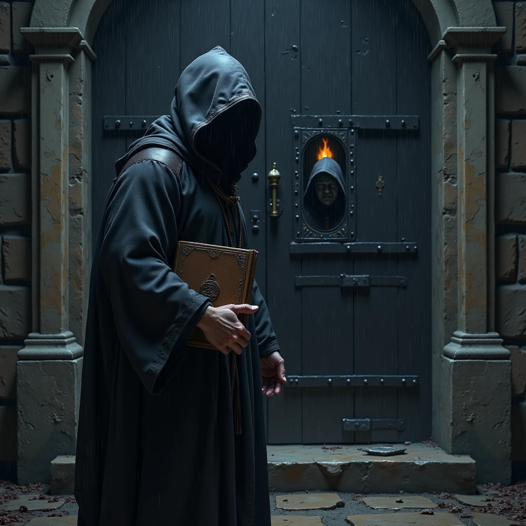 Imagine a photorealistic image of a lone member of the Elucidated Brethren, dressed in a soaking wet black hooded robe, holding a large leather book under his arm, standing on a doorstep in the middle of a dark night in heavy rain, in front of a huge black door with iron bands and iron studs, a tiny hatch is open on the door and another hooded face peers out into the night lit from behind by torchlight.