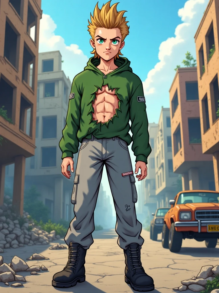 Solo, A Young man blonde hair green chaket whith hood and grey pants and black boots and green and blue eyes the chaket is broken and exposed the abs, lineart
BRAKE 
in street of big city post-apocalyptic , morning time , destroyed buildings,  abandoned cars, debris on the street
Ilustration high quality,  detailed background,  8k