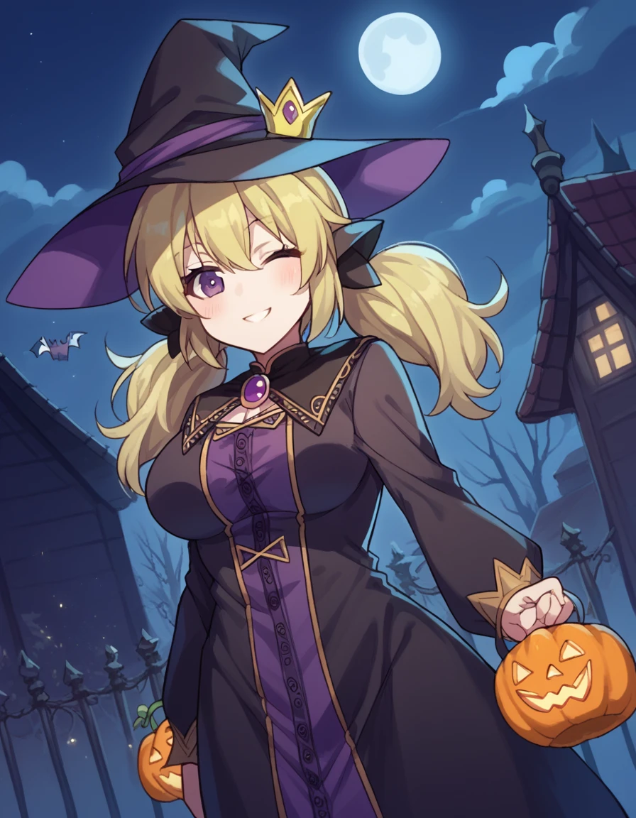 score_9, score_8_up, score_7_up, source_anime, <lora:sk-kafuru-s1-ponyxl-lora-nochekaiser:1>, kafuru, long hair, purple eyes, blonde hair, twintails, crown, hair ornament, large breasts,, <lora:witch-ponyxl-lora-nochekaiser:1>, witch, hat, witch hat, dress, halloween, halloween costume, jewelry,, night, moon, blush, smile, one eye closed,, , dutch angle, cowboy shot