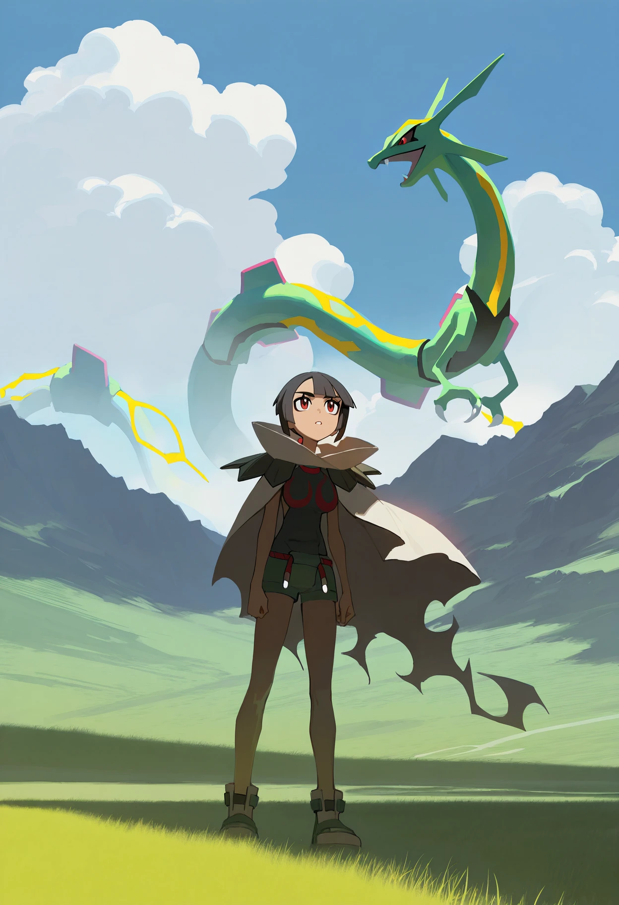 artist:ciloranko,artist:modare,artist:diyokama, astero, scenery, pokemon \(creature\),
best quality, amazing quality, very aesthetic, absurdres, best quality, masterpiece, newest,
1girl, zinnia, standing, cloak, looking up, rayquaza,
solo, blue sky, field, grass, grassland, mountainous horizon, cloud, sky,   <lora:AsteroIllustriousXL_byKonan:1> <lora:ZinniaIllustriousXL_byKonan:1>