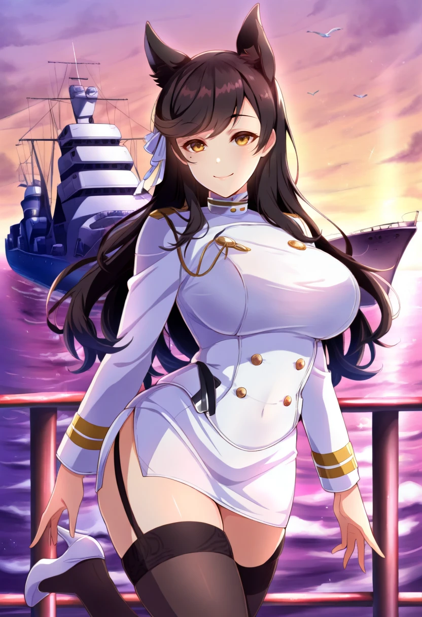 masterpiece, best quality, solo, anime,  1girl,mltagobase, black hair, black thigh highs, extra ears, garter straps, large breasts, miniskirt, white uniform, high heels, white footwear, yellow eyes, smile, mole under eye, cowboy shot,   <lora:atago-ilxl-ft1_1:0.9> <lora:ChamIllustriousBackgroundEnhancer:1>,  swept bangs, dynamic pose, port, ships,