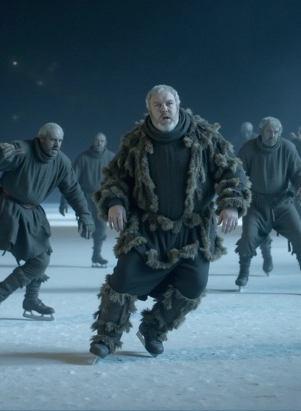 a movie still with Hodor, a man dressed with fur and is iceskating with iceskating zombies in a show "Game of Thrones on ice" <lora:Hodor:0.9>