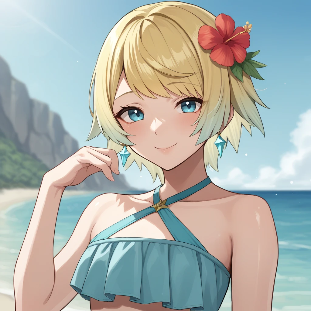 score_9, score_8_up, score_7_up, score_6_up, score_5_up, score_4_up, zPDXL2,source_anime,rating_questionable, 1girl, solo, smile, looking at viewer, outdoors, <lora:Fjorm_-_Fire_Emblem_Heroes:0.8>fjorm_FEH,gradient hair, multicolored hair, short hair, blonde hair, bangs, blue eyes, halterneck blue bikini, swimsuit, hair flower,