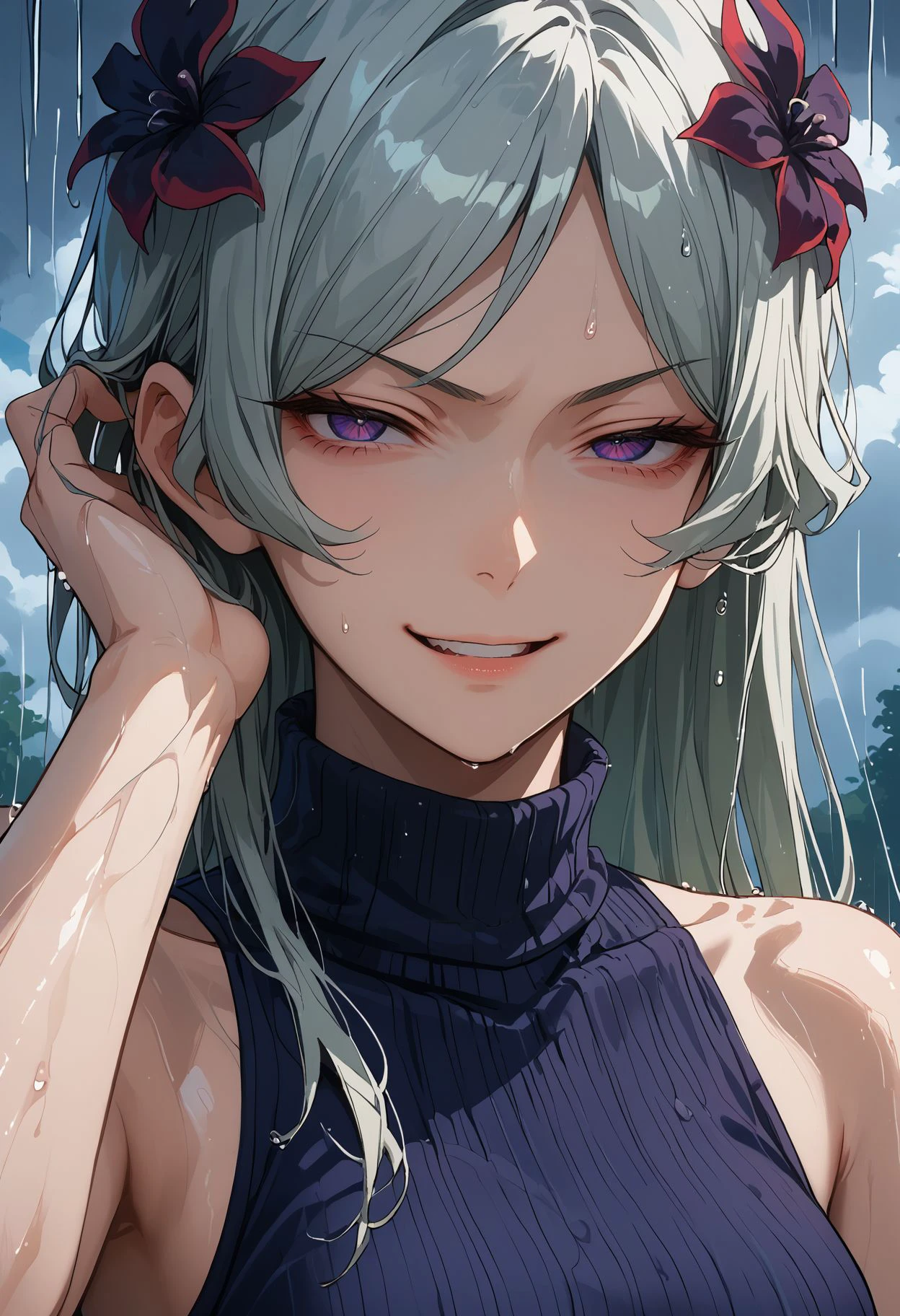 score_9,score_8_up,score_7_up, <lora:freya_danmachi_pdxl_goofy:1>freyadm, 1girl, evil smile, rain, smug, wet hair, portrait, looking at viewer, open mouth, hand in own hair, smirk, anime coloring, cloudy sky, cloud, half-closed eyes, parody,   sleeveless, close-up, unusually open eyes, hair ornament, hand on own head, outdoors,black flower, sleeveless turtleneck, ribbed shirt,