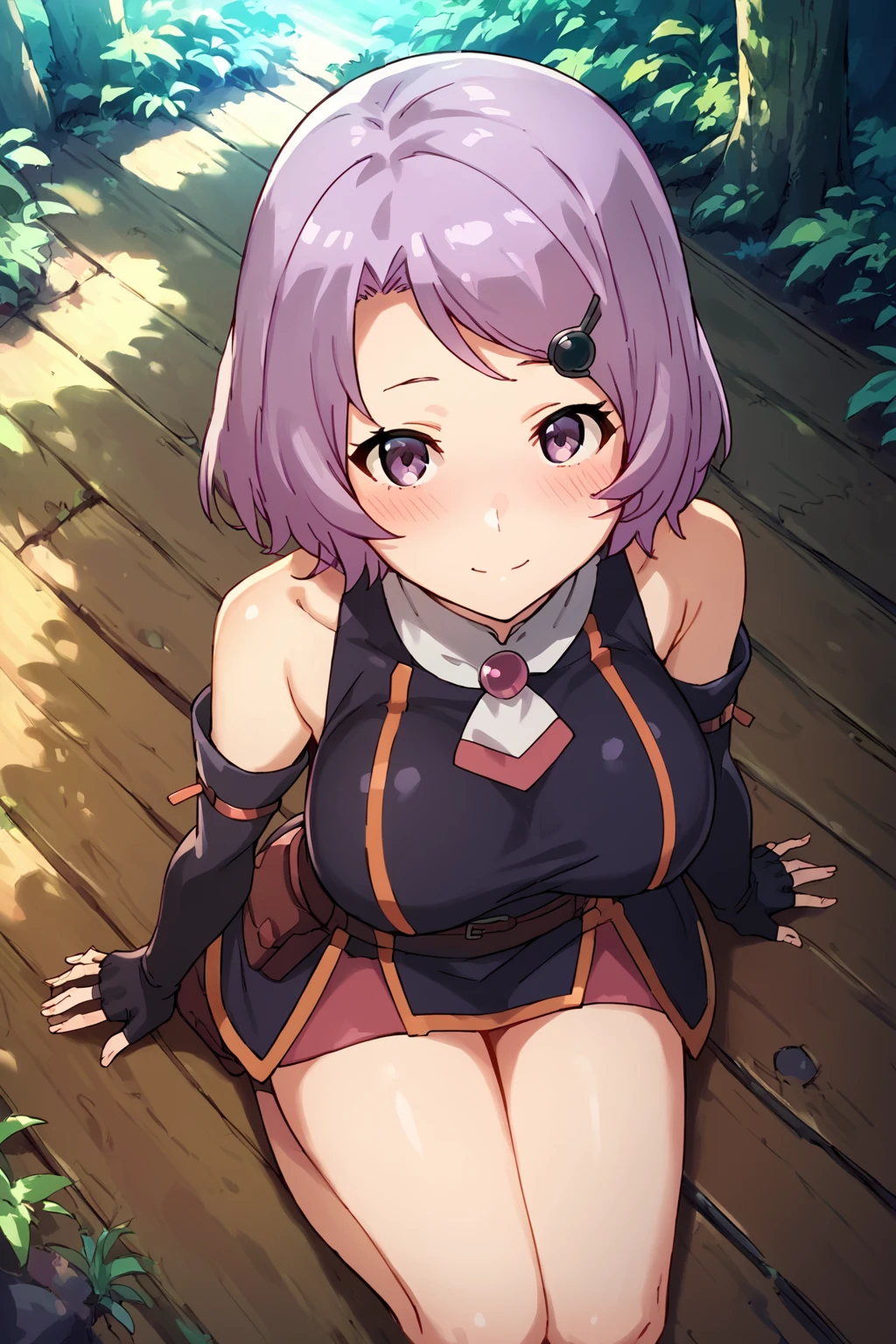 score_9,score_8_up,score_7_up,source_anime,<lora:Shihoru10:1>,forest,detached_sleeves,fingerless_gloves,sitting on wooden floor,from above,large breasts,purple_hair,purple_eyes,hair_ornament,smile,blush,