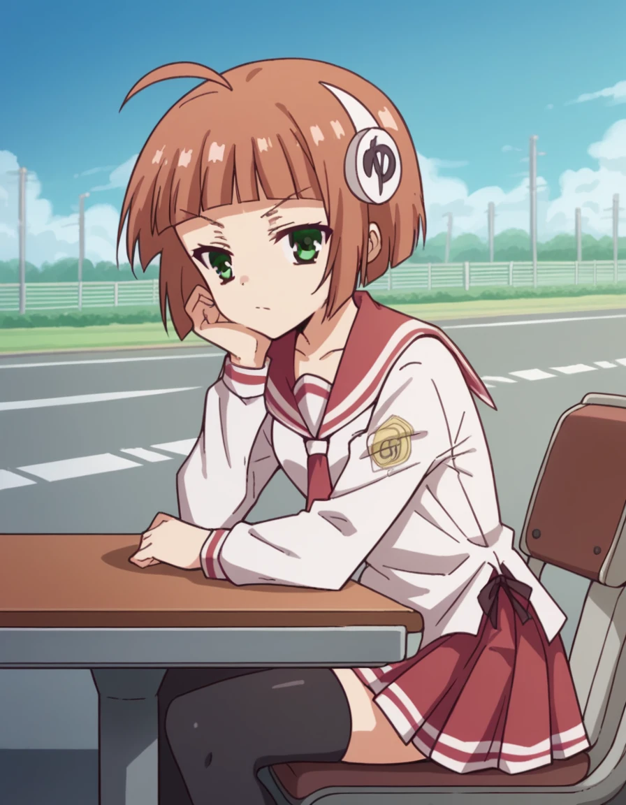 score_9, score_8_up, score_7_up, source_anime, <lora:yaya-yuyu-aizawa-AA-ponyxl-lora-nochekaiser:1>, yaya yuyu aizawa, short hair, bangs, brown hair, hair ornament, green eyes, ahoge, blunt bangs,, skirt, thighhighs, school uniform, serafuku, zettai ryouiki, white shirt, long sleeves, red sailor collar, necktie, red necktie, red skirt, pleated skirt,, road, cars, asphalt, travel, speed, , sitting, head rest, table,, looking at viewer, solo,, dutch angle, cowboy shot