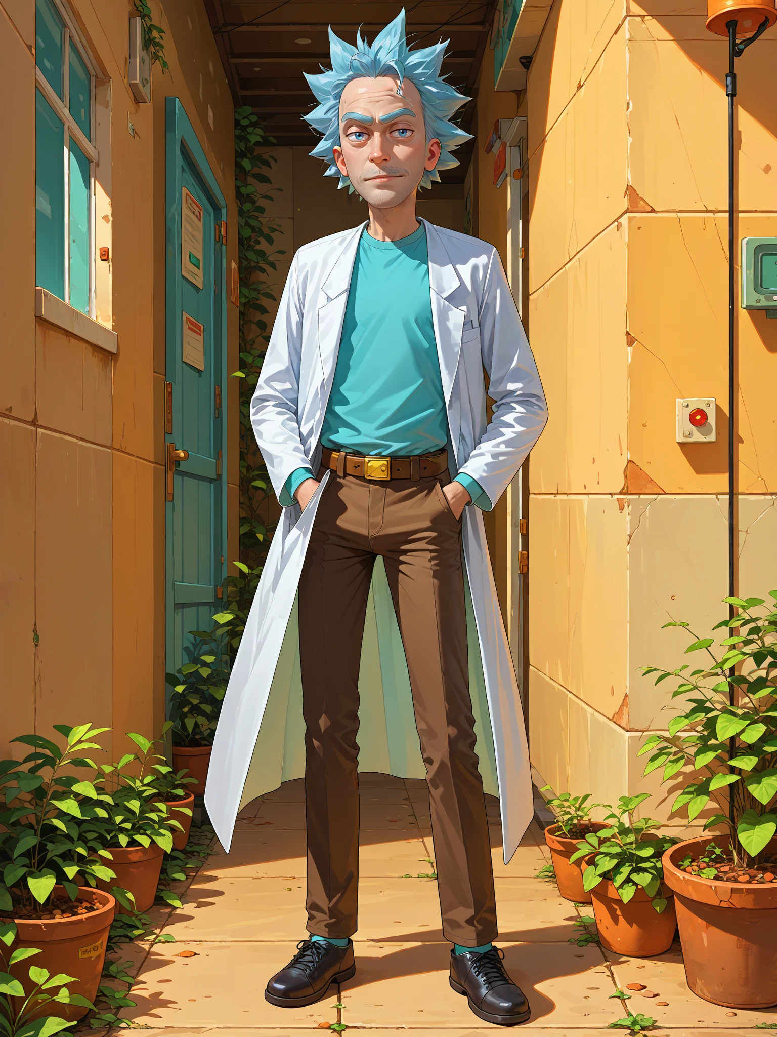 source_cartoon, score_9, score_8_up, score_7_up, score_6_up, full body, <lora:Rick_Sanchez001:1> rick sanchez, 1boy, solo, male focus, old man,, spiked hair, white hair, skinny, aqua shirt, brown pants,, belt, labcoat