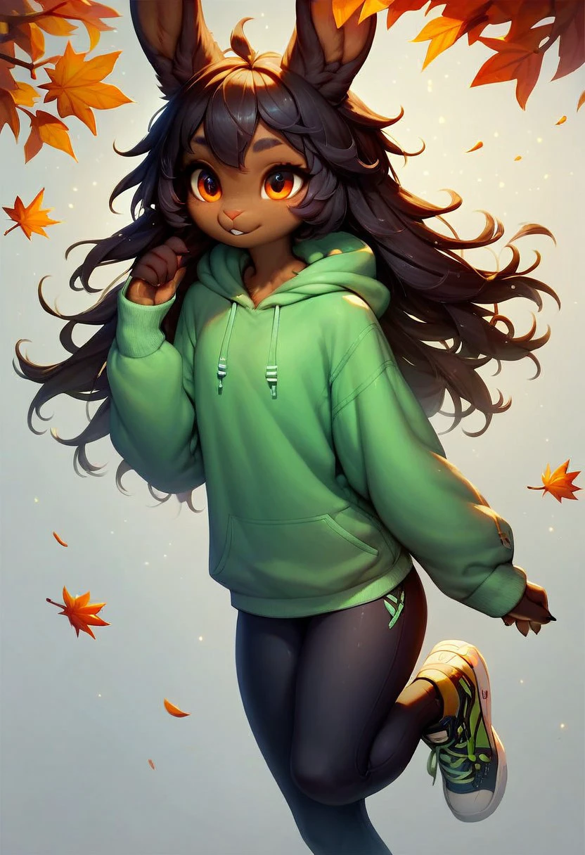 core_9, score_8_up, score_7_up, score_6_up, score_5_up, (flat colored: 1.2), fluffy body, (2d style:0.8), anthro rabbit girl, cute,, ultra-detailed, autumn background,  furry, anthro, female, green hoodie, pants, sneakers , dark hair, top view