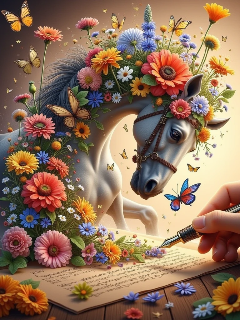 pen dreaming generating horse and flowers