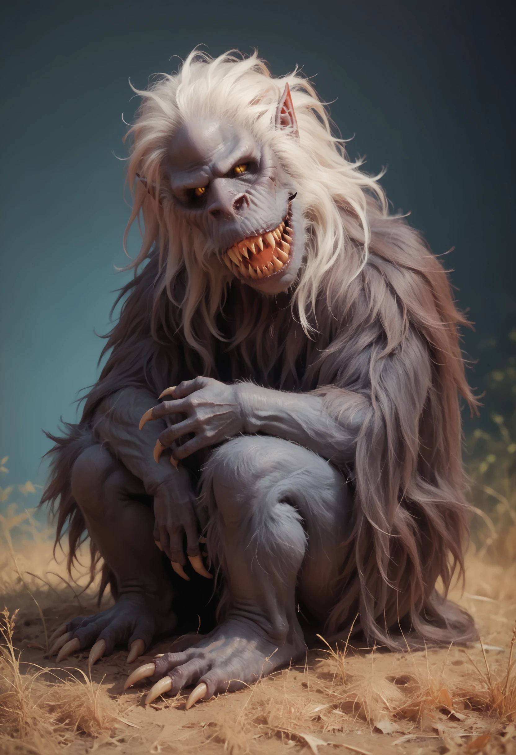 score_9, score_8_up, score_7_up, score_6_up, score_5_up, score_4_up, <lora:FluffyCreepshow:0.85> monster, teeth, sharp teeth, no humans, pointy ears, yellow eyes, slit pupils, full body, furry, fur, sitting, 
light blue background, simple background,