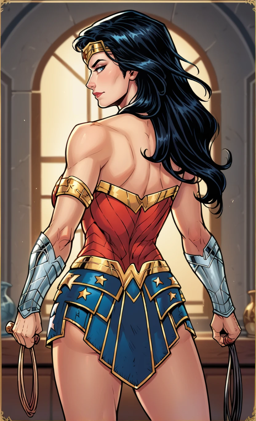 score_9,score_8_up,score_7_up BREAK <lora:WonderwomanRB:1>,WonderwomanRB,1girl,solo,long hair,blue eyes,skirt,black hair,cleavage,bare shoulders,collarbone,armor,tiara,armlet,bracer,whip,superhero,cowboy shot,room,room background,from behind,looking back,