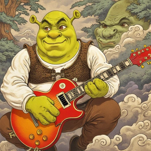 Painting in Traditional japanese art style of Shrek playing electric guitar