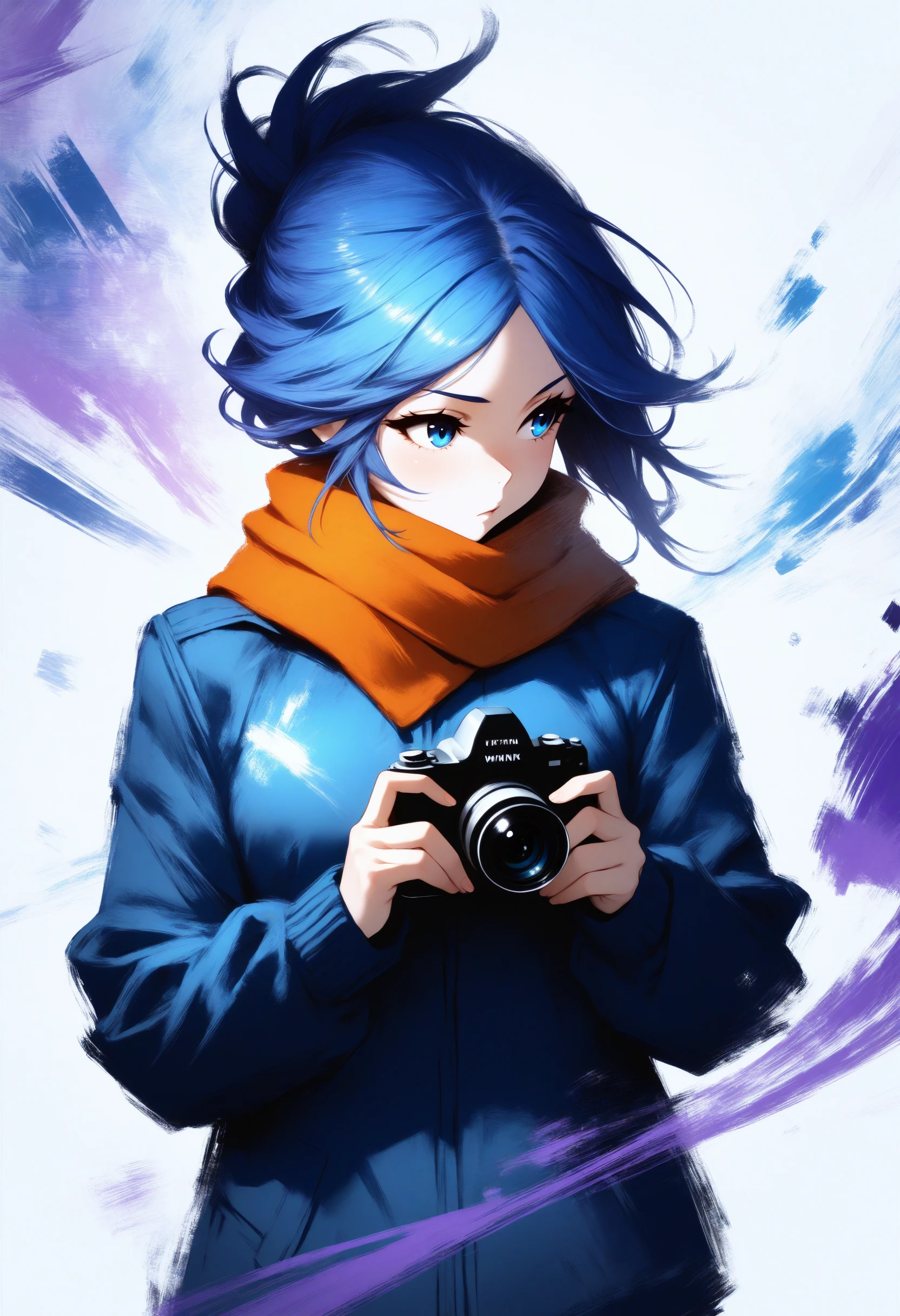 masterpiece, best quality, good quality, newest, 
<lora:wrenchDreamInkIllus:1>, wrnchDreamInk, abstract, 1girl, blue jacket, camera, holding, jacket, looking to side, orange scarf, scarf, simple background, upper body, white background, holding camera, solo,