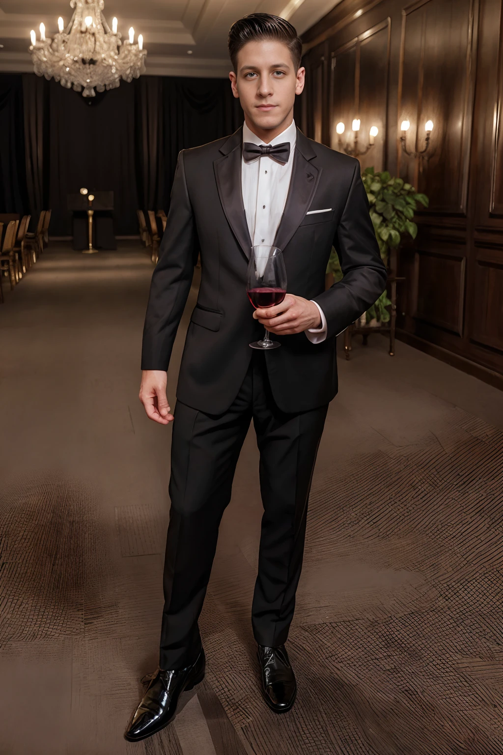 reception in a ballroom, suave, sultry, handsome, DaltonRiley wearing TUX3D0, black silk outfit, holding a wine glass,  (((full body portrait))), wide angle   <lora:DaltonRiley:0.8>   <lora:TUX_LoRA_V1:1>