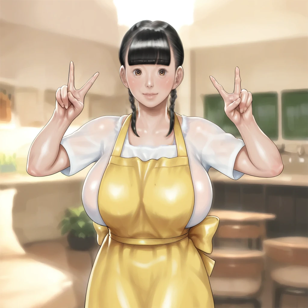 score_9_up, score_8_up, score_7, BREAK, Lodger, 1girl, solo, black hair, blunt bangs, brown eyes, large breasts, yellow apron, dress, <lora:Why_I_failedToStudyAbroad_Pony_V1:1>, cowboy shot, double v,