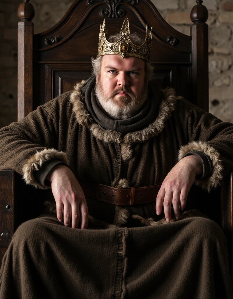 Hodor, a man dressed as a medieval king with a crown sitting on a throne<lora:Hodor:0.9>