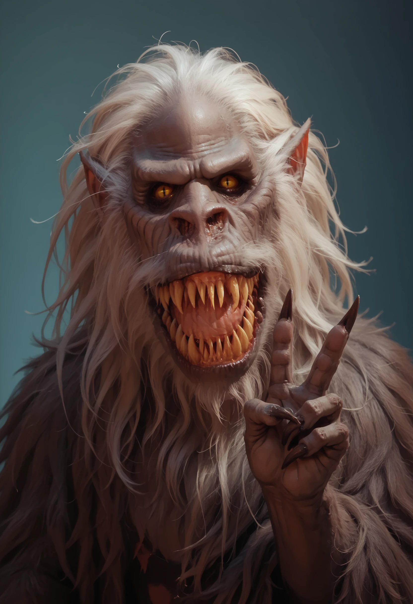 score_9, score_8_up, score_7_up, score_6_up, score_5_up, score_4_up, <lora:FluffyCreepshow:0.85> monster, teeth, sharp teeth, no humans, pointy ears, yellow eyes, slit pupils, furry, fur, upper body, v sign, claws, 
light blue background, simple background,