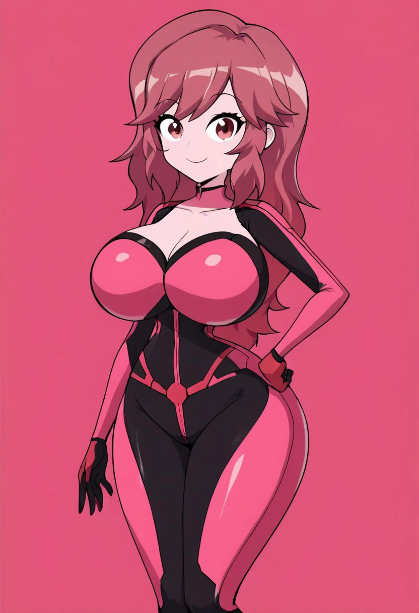 score_9, score_8_up, score_7_up, score_6_up, score_5_up, score_4_up, BREAK source_anime, masterpiece , anime screencap, anime_lineart anime coloring, (Huge breasts, thin waist, big thighs), Long hair, KiolinamaSP, Pink skin, pink hair, red eyes, huge breasts, slim waist, big thighs, SpaceSuit, Bodysuit, Pink spacesuit, Pink background, smile