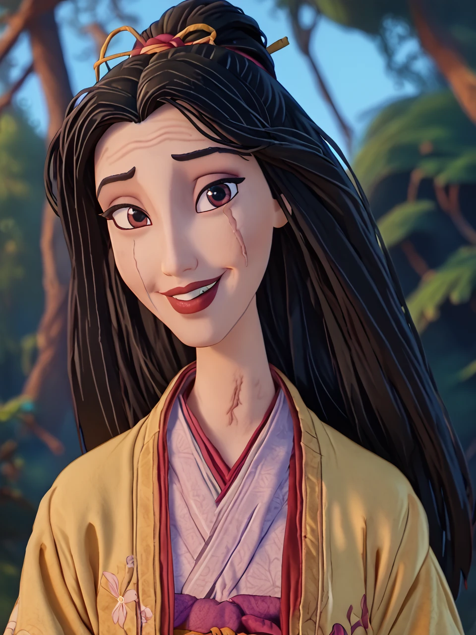 score_9, score_8_up, score_7_up, score_6_up, BREAK, KubSariatu, 1girl, solo, long hair, black hair, scar, looking at viewer, smile, kimono, in the forest  <lora:Sariatu2:0.8>  <lora:WesternCartoonClassicDisney100:1>