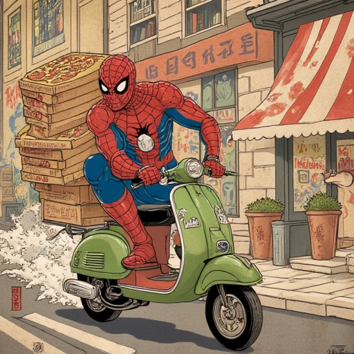 Painting in Traditional japanese art style of Spiderman riding on pizza delivery scooter with multiple pizza boxes on backseet