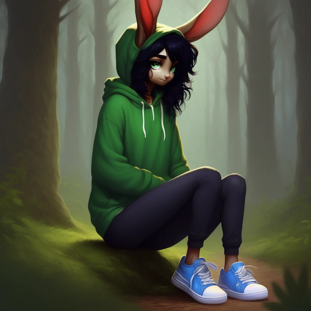 fluffy body, anthro rabbit female, rabbit ears, green hoodie, sneakers, dark hair, forest, blue eyes