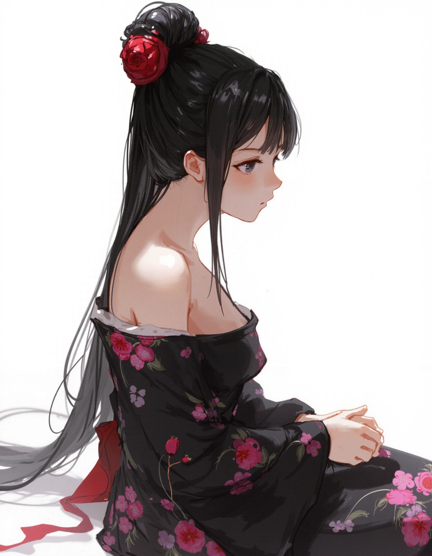 young woman with long, dark hair styled in a bun with a red rose. She has pale skin and is wearing a black kimono with pink and red floral patterns. The kimono is off her shoulder, revealing a small portion of her bare back. She has a serene expression and is sitting with her hands clasped in her lap. The background is a simple, bright white, and the overall style is soft and ethereal.
 <lora:dnstl2:1> DNSTL