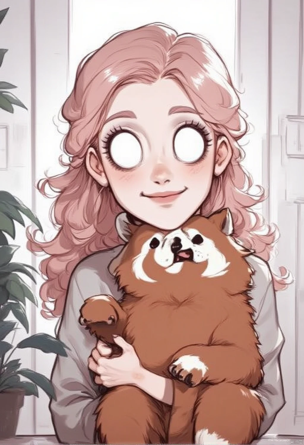 Don't Starve style,A cartoon drawing of a woman with long,wavy pink hair. She is holding a brown panda in her arms. The panda has a white face with black eyes and a black nose. She has a smile on her face. Her hair is pulled back in a ponytail. She's wearing a light gray shirt. Behind her is a white door. To the left of the panda is a green plant.