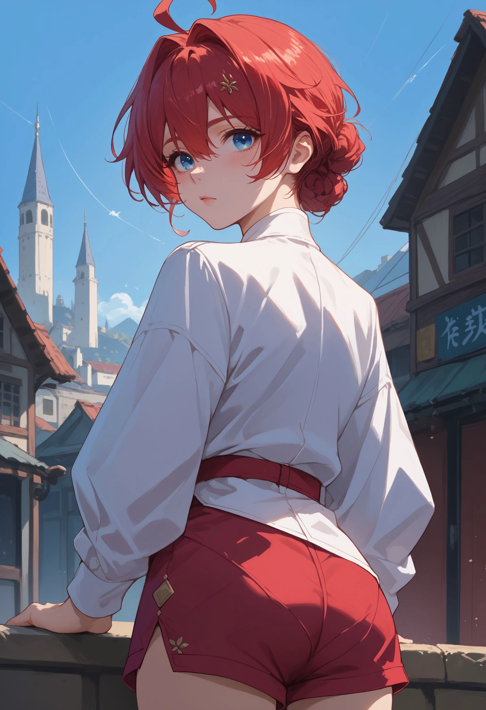 score_9,score_8_up,score_7_up,source_anime,<lora:IsekWutheringWavesDanjin:1>,isekwwdnj,(rear view:1.1),(looking back:1.2),red hair,short hair,blue eyes,ahoge,hair between eyes,hair intakes,hair bun,shorts,white shirt,